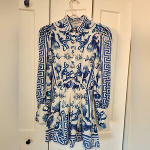 Splash Blue and White Long Sleeve Summer Dress With Shoulder Pads